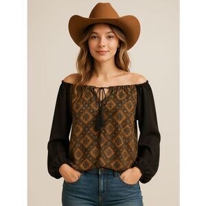 Vintage Panhandle Peasant Blouse XL Off-Shoulder Tassel Drawstring Western Boho